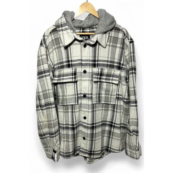 Zara Men's Plaid Shacket Button Up Hooded Shirt Jacket Cream Gray Black size L - Picture 2 of 12